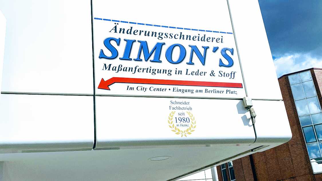Gebäudebeschriftung Änderungsschneiderei Simon's, Schneider-Fachbetrieb seit 1980 in Herne